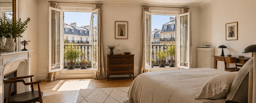 Chambre baignée de lumière, fenêtres ouvertes sur les toits de Paris